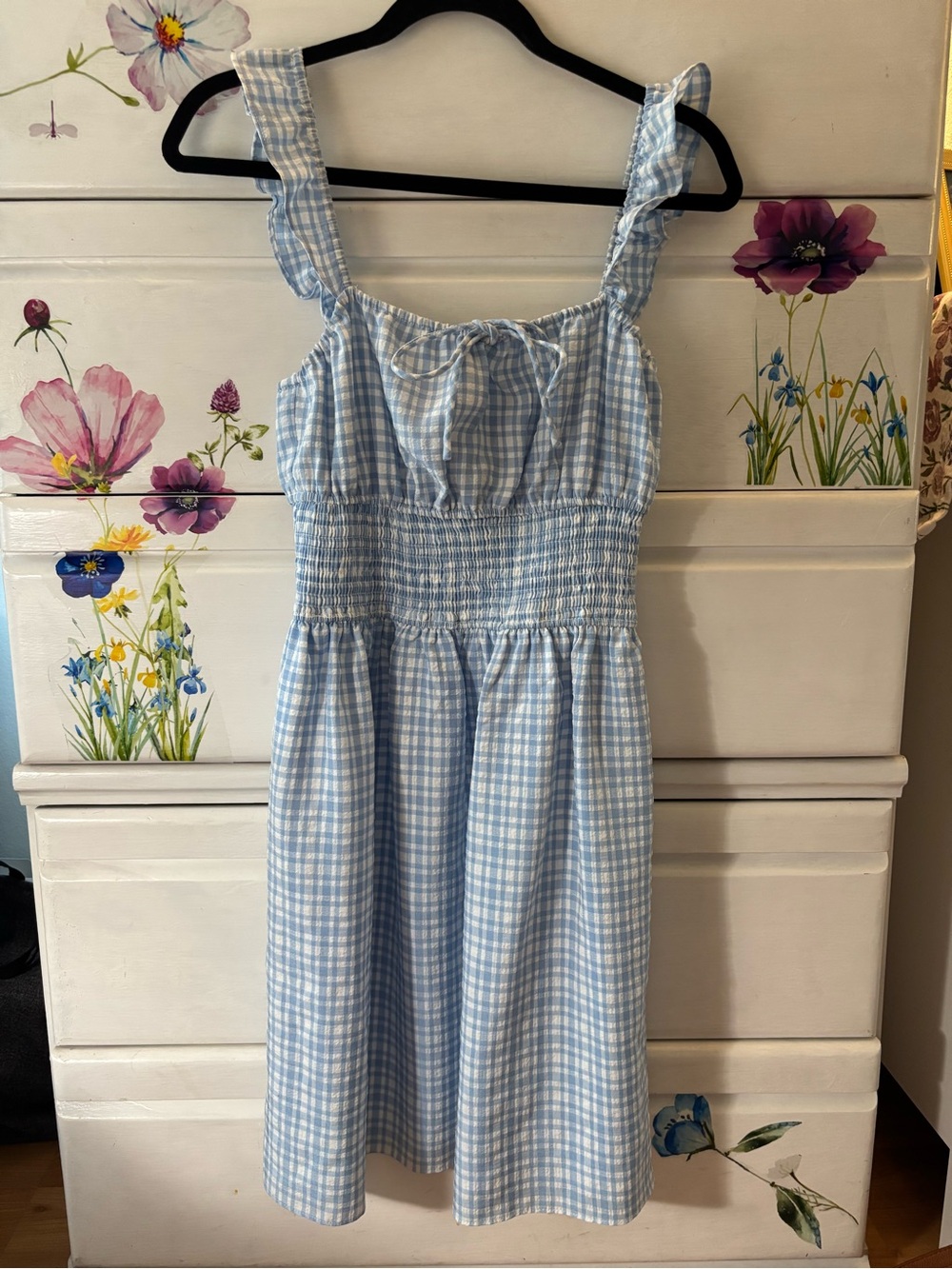 Wayf Light Blue Gingham Midi Sundress with Ruffled Straps